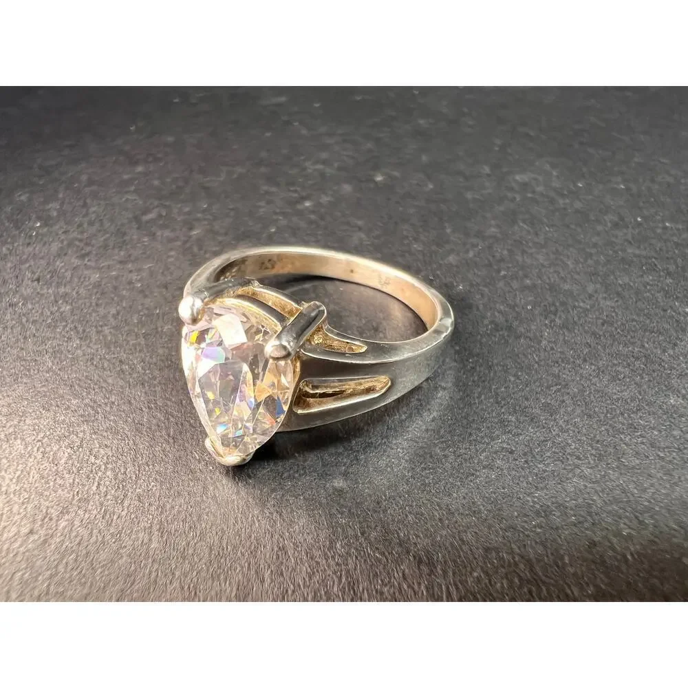 Vintage CZ Pear Solitaire in Sterling Silver, Open Gallery Split Shank, Size 9